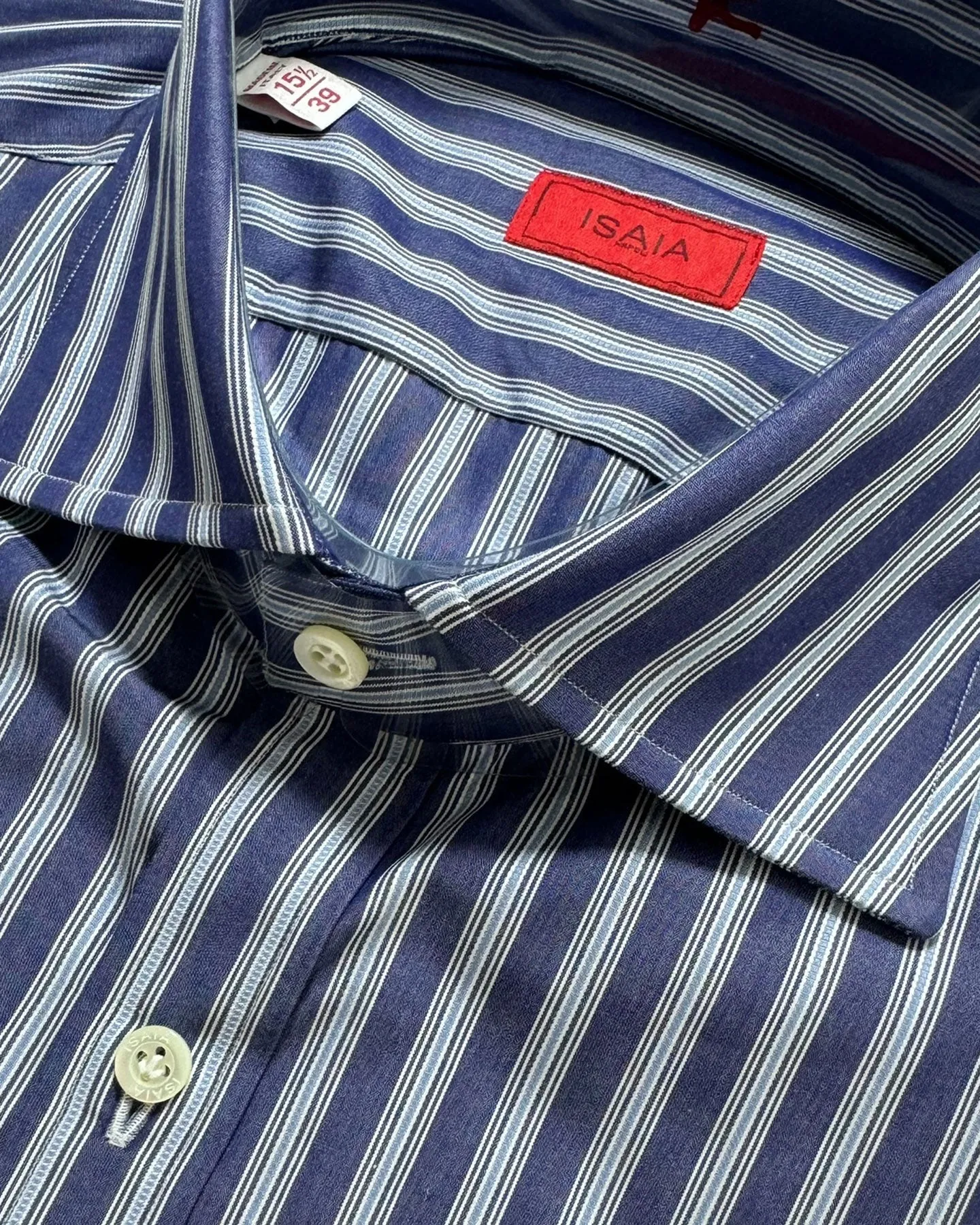 Isaia Dress Shirt Dark Blue Stripes 39 - 15 1/2 Regular Fit