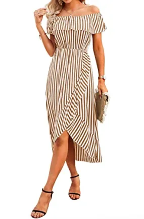 KIRUNDO 2023 Women's Summer Off Shoulder Midi Dress Striped High Waist Split Ruffle Flowy Beach Long Dresses(Orange Yellow, XX-Large)