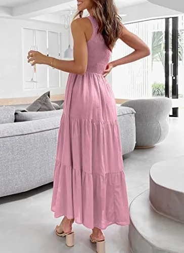 KIRUNDO Women One Shoulder Sleeveless Summer Dress 2023 Smocked Ruffle Tiered Boho Beach Party Long Maxi Dresses Sundress(Pink, Large)