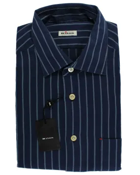 Kiton Shirt Dark Blue Stripes - Flannel Cotton 43 - 17