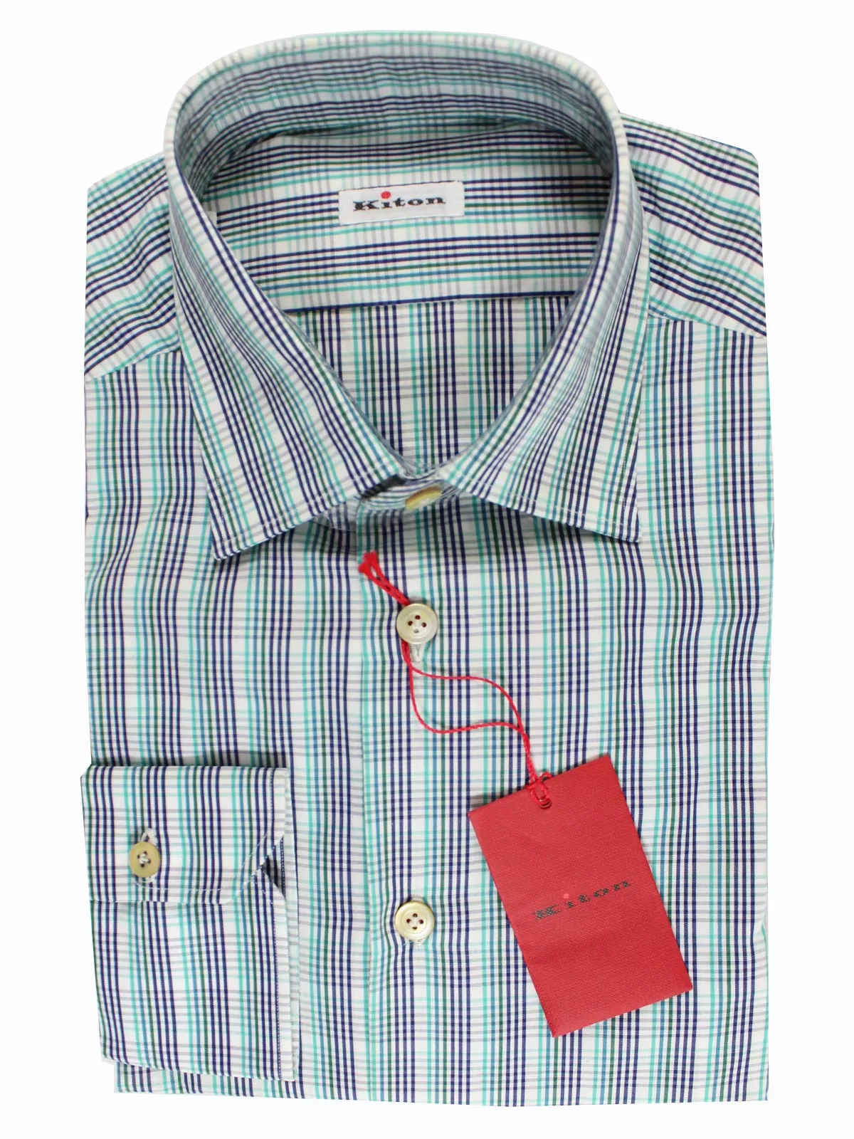 Kiton Shirt White Turquoise Navy Check - Long Sleeve 40 - 15 3/4 BLACK FRIDAY SALE