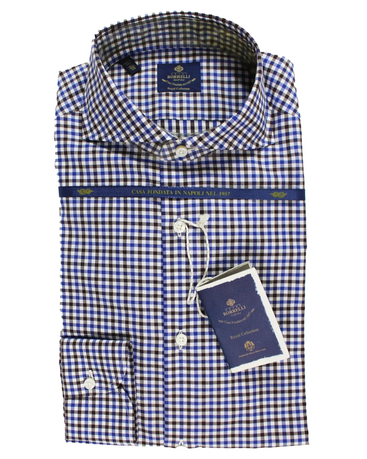 Luigi Borrelli Dress Shirt ROYAL COLLECTION White Royal Blue Brown Check 39 - 15 1/2