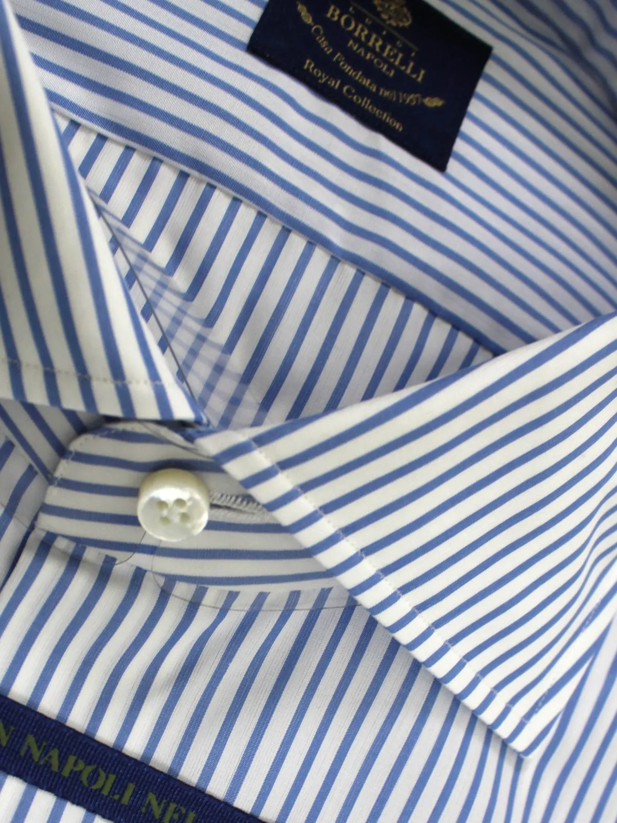 Luigi Borrelli Dress Shirt White Navy Stripes 44 - 17 1/2 ROYAL COLLECTION - SALE