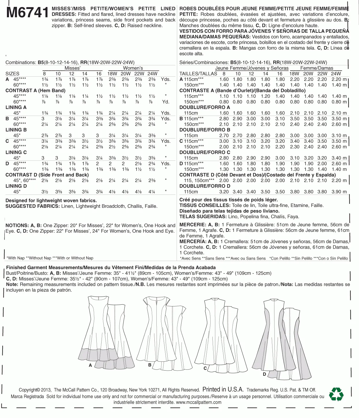 McCall's Pattern M6741 Misses'/Women's Petite Lined Dresses