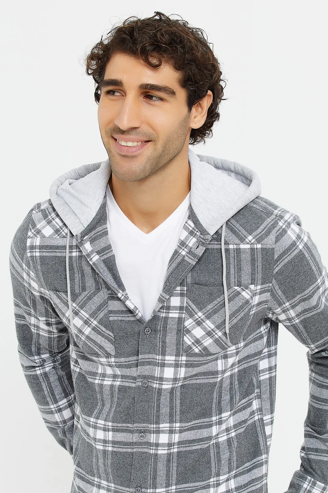 Men White And Grey Check Flannel Shirt With Hoody