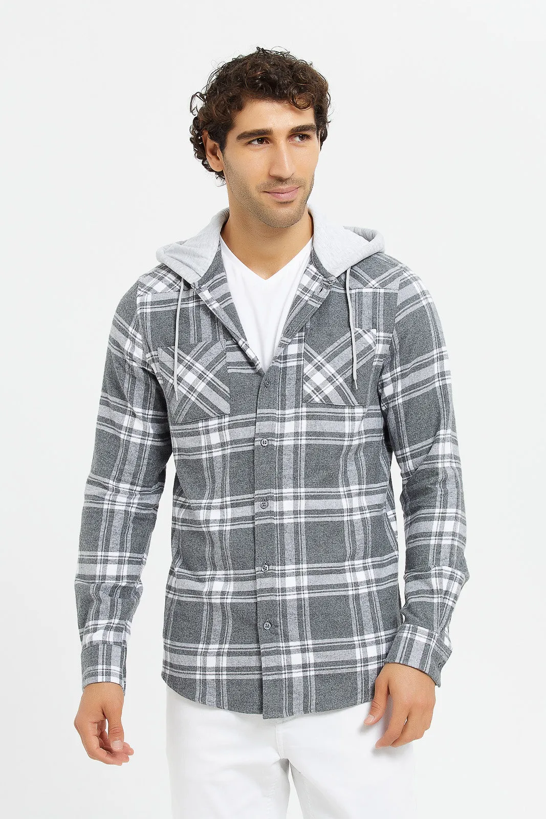 Men White And Grey Check Flannel Shirt With Hoody