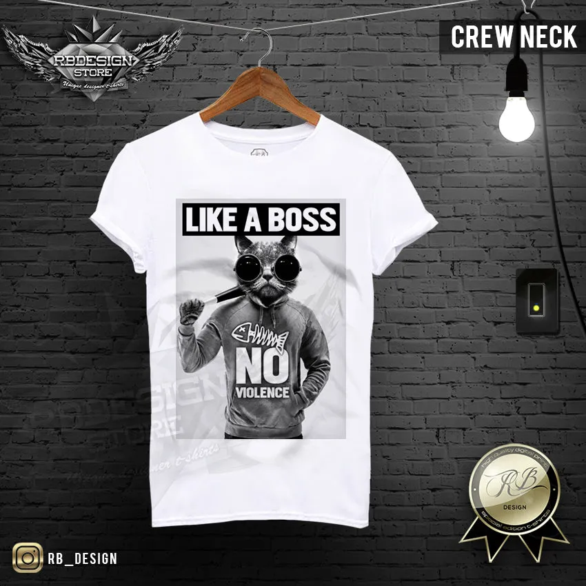 Men's Cat T-shirt Like a Boss No Violence Gangster Kitty Hip Hop Mafia Top MD392