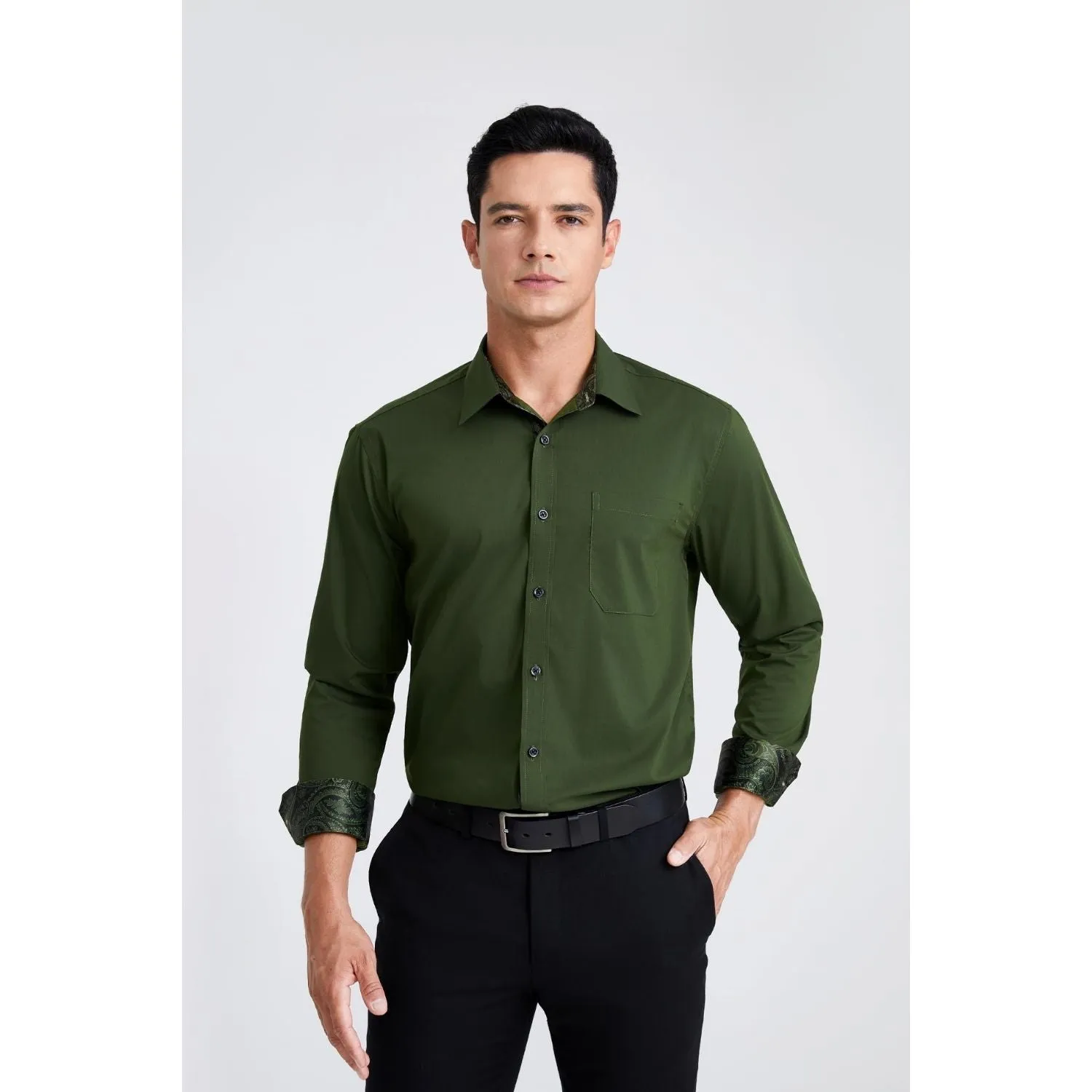 Men's Patchwork Dress Shirt with Pocket - GREEN/ARMY GREEN