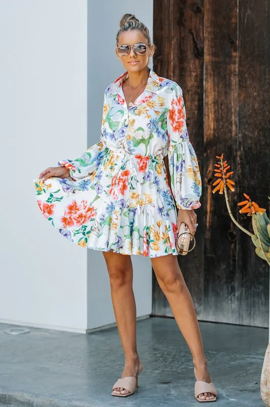 Multicolor Floral Print Adjustable Balloon Sleeve Dress