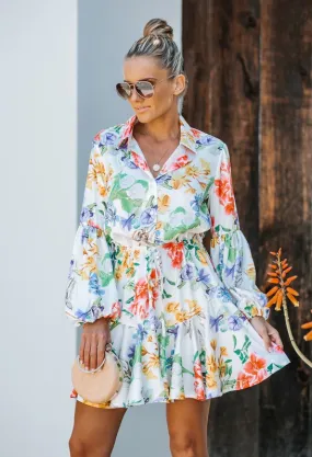 Multicolor Floral Print Adjustable Balloon Sleeve Dress