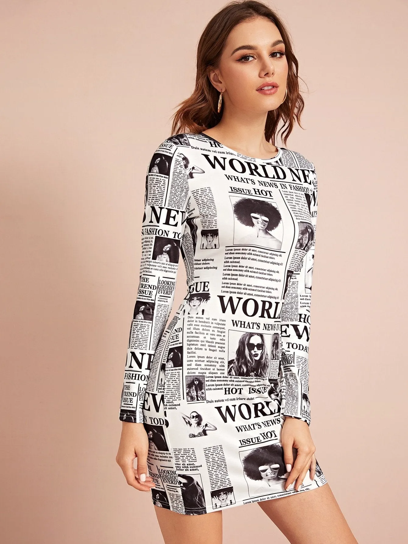 Newspaper And Figure Print Fitted Dress