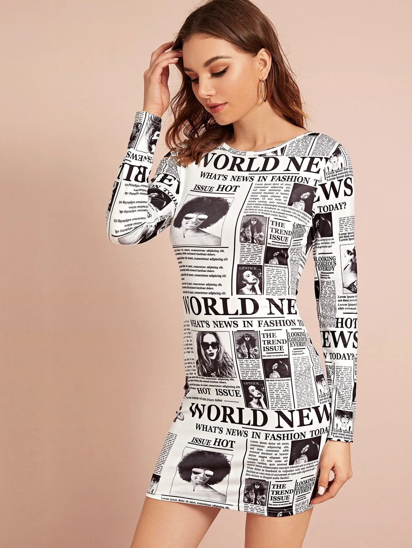 Newspaper And Figure Print Fitted Dress