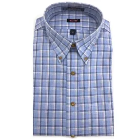 'Orson' Astral Blue, Tan, and Navy Plaid Long Sleeve Beyond Non-Iron® Cotton Sport Shirt (Size Large, Tailored Fit) by Batton