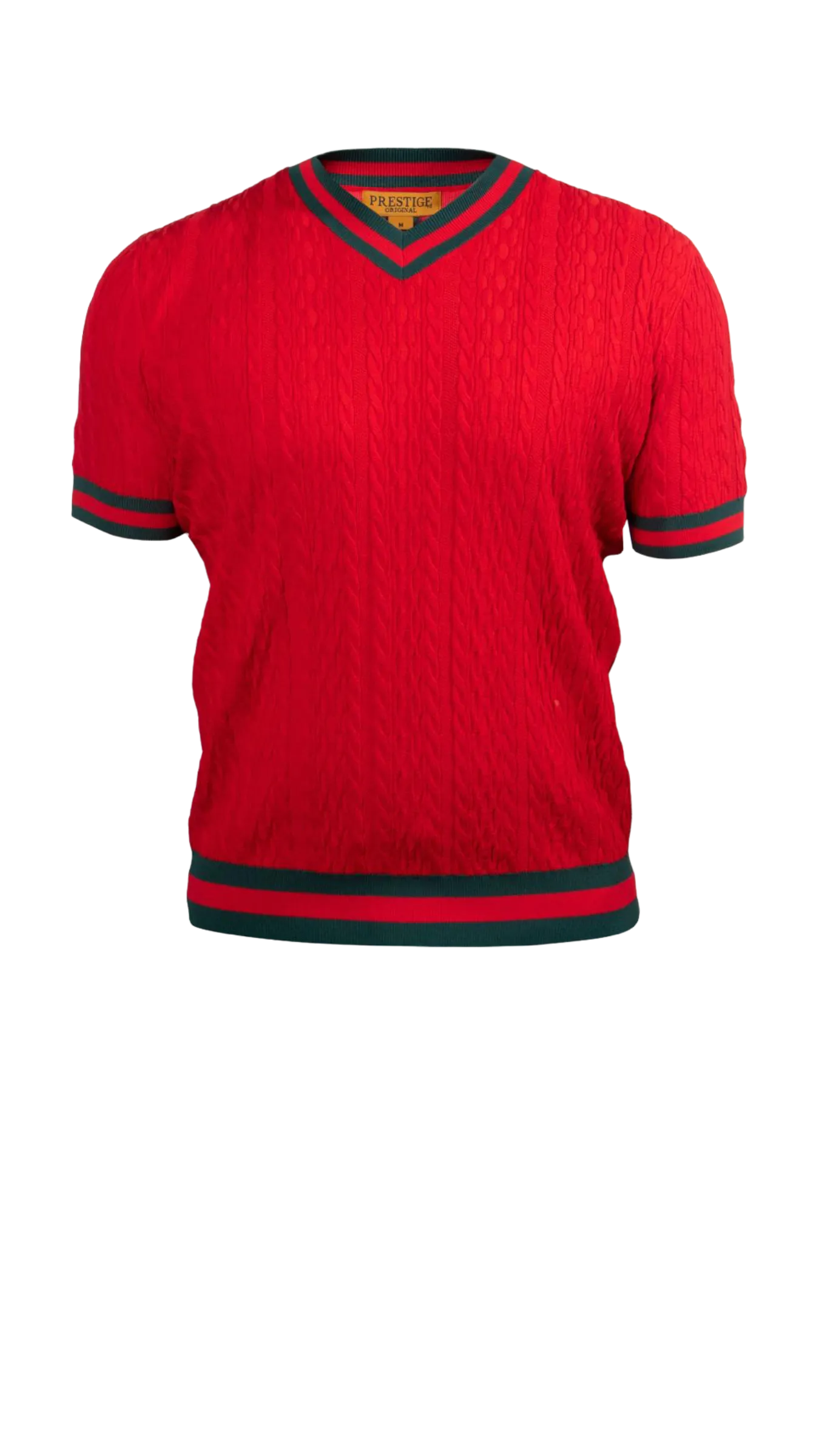 Prestige Red V-neck T-shirt red and green trim around the sleeve and collar