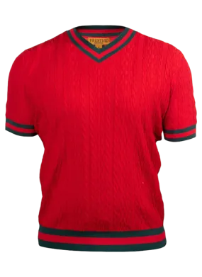 Prestige Red V-neck T-shirt red and green trim around the sleeve and collar