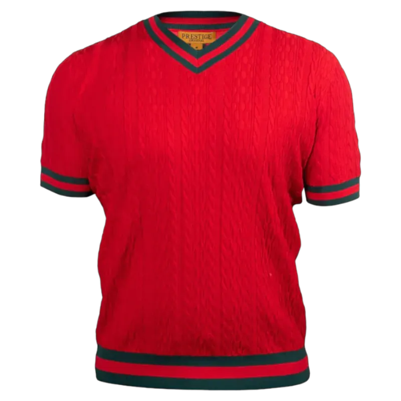 Prestige Red V-neck T-shirt red and green trim around the sleeve and collar