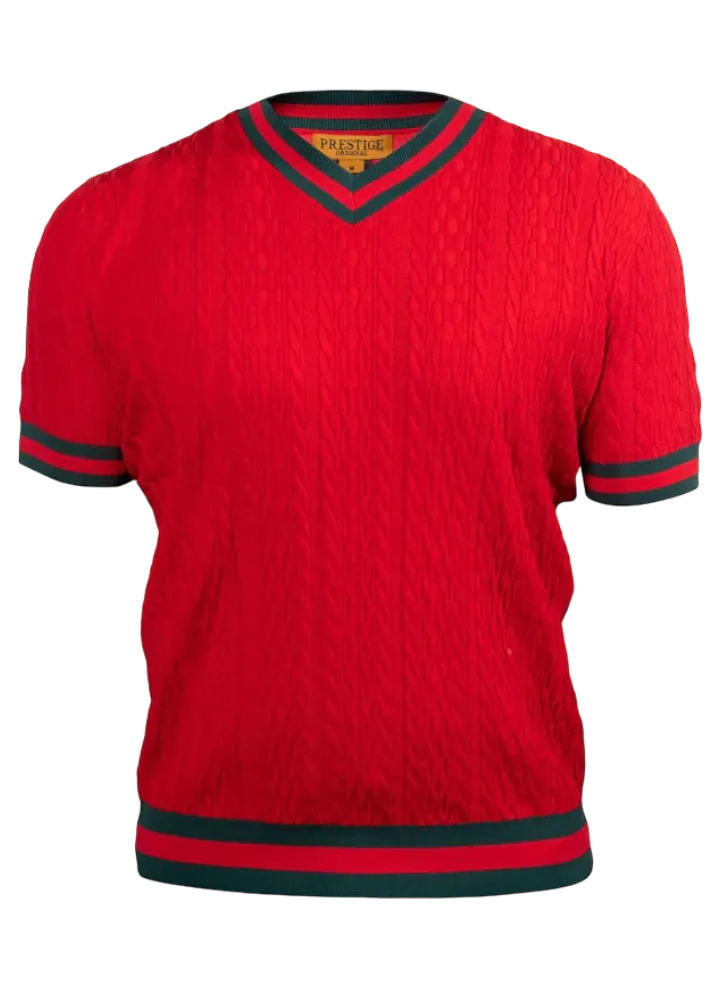 Prestige Red V-neck T-shirt red and green trim around the sleeve and collar