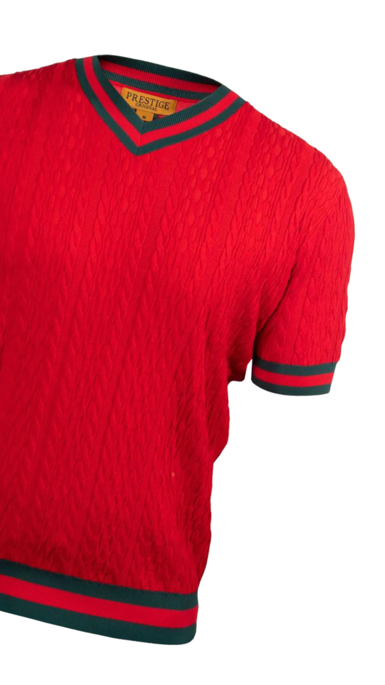 Prestige Red V-neck T-shirt red and green trim around the sleeve and collar