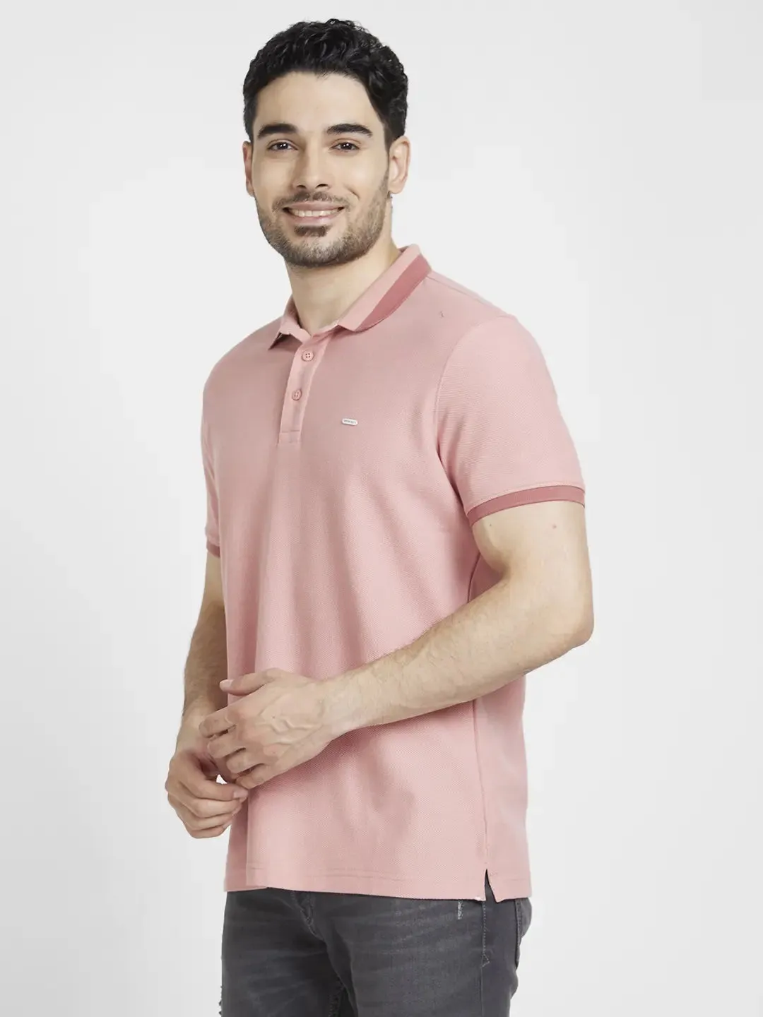 Spykar Men Dusty Pink Cotton Slim Fit Plain Polo Tshirt