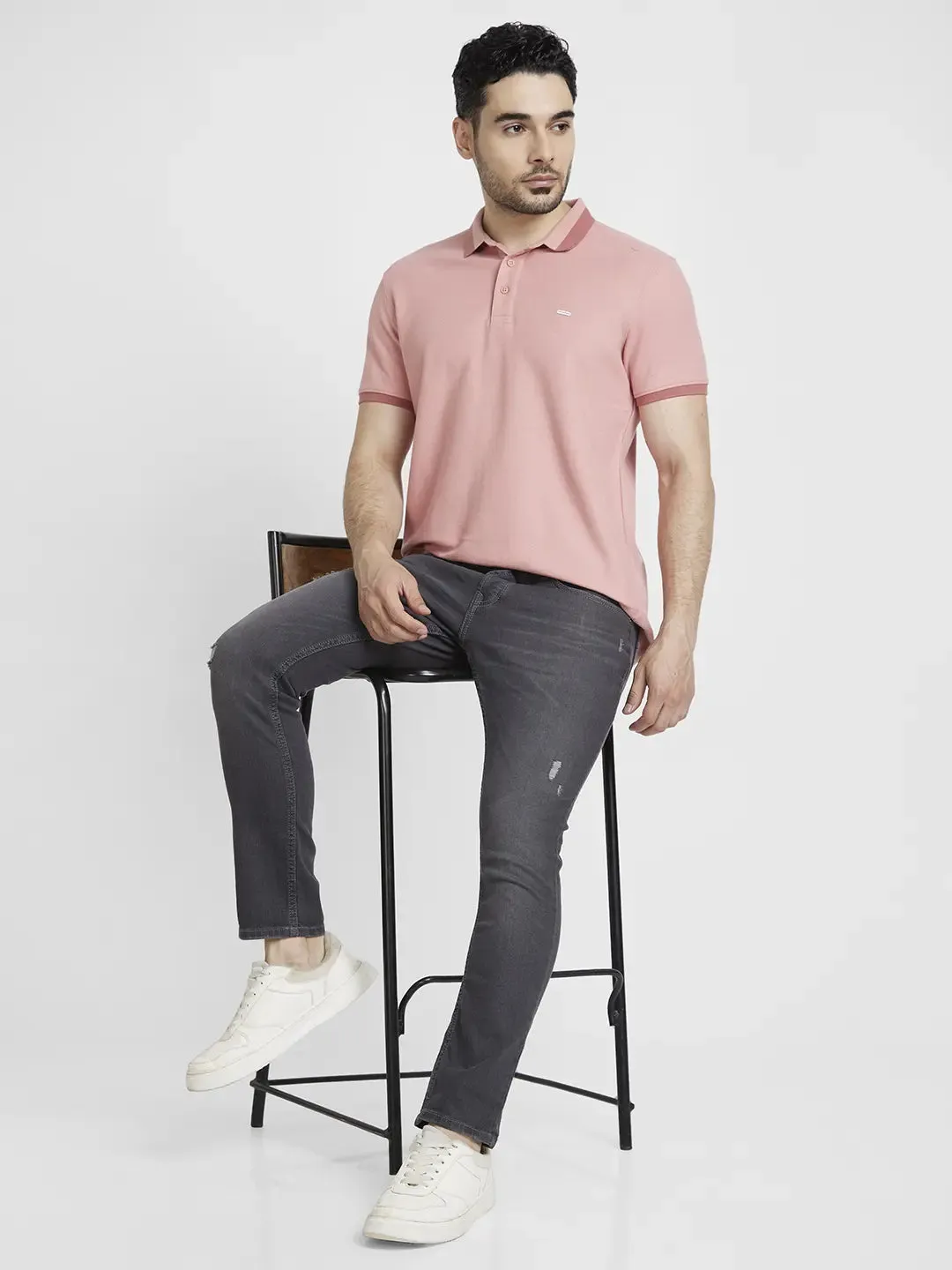 Spykar Men Dusty Pink Cotton Slim Fit Plain Polo Tshirt