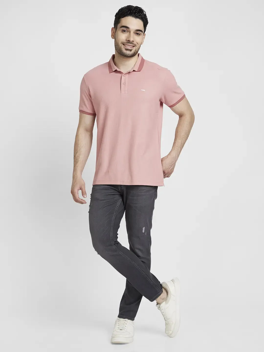 Spykar Men Dusty Pink Cotton Slim Fit Plain Polo Tshirt