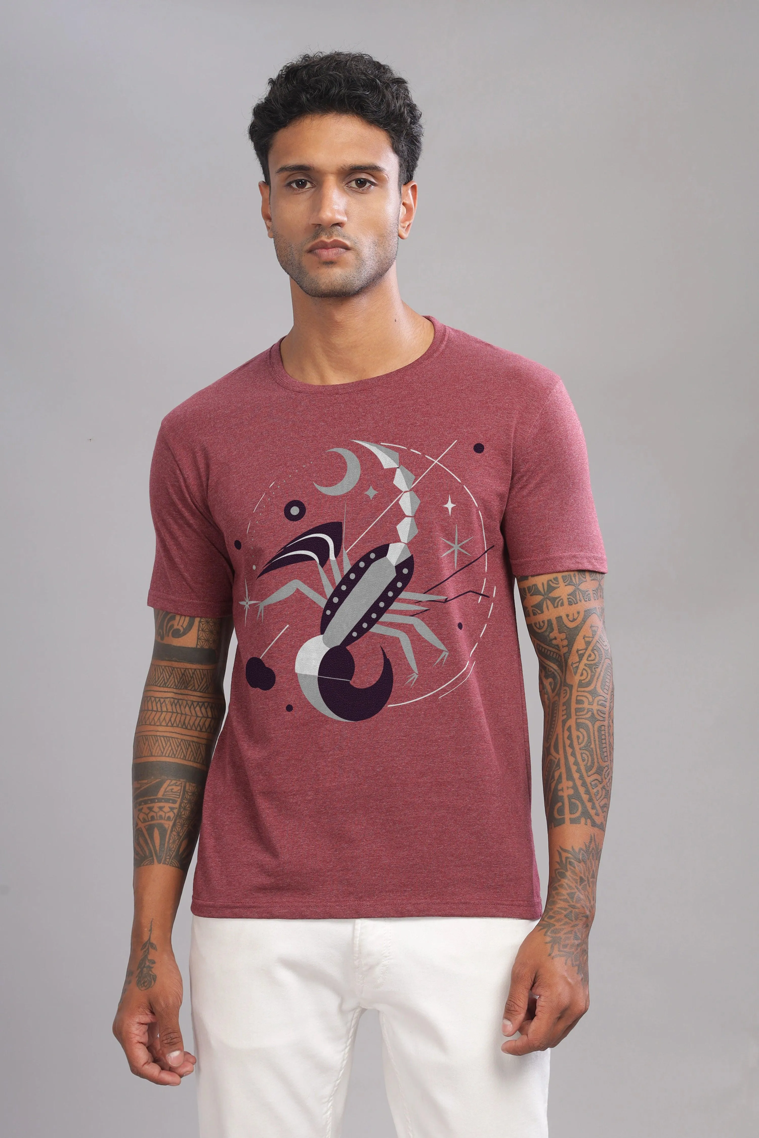 Stylish Scorpio Maroon Half Sleeve Printed Round Neck T-Shirt