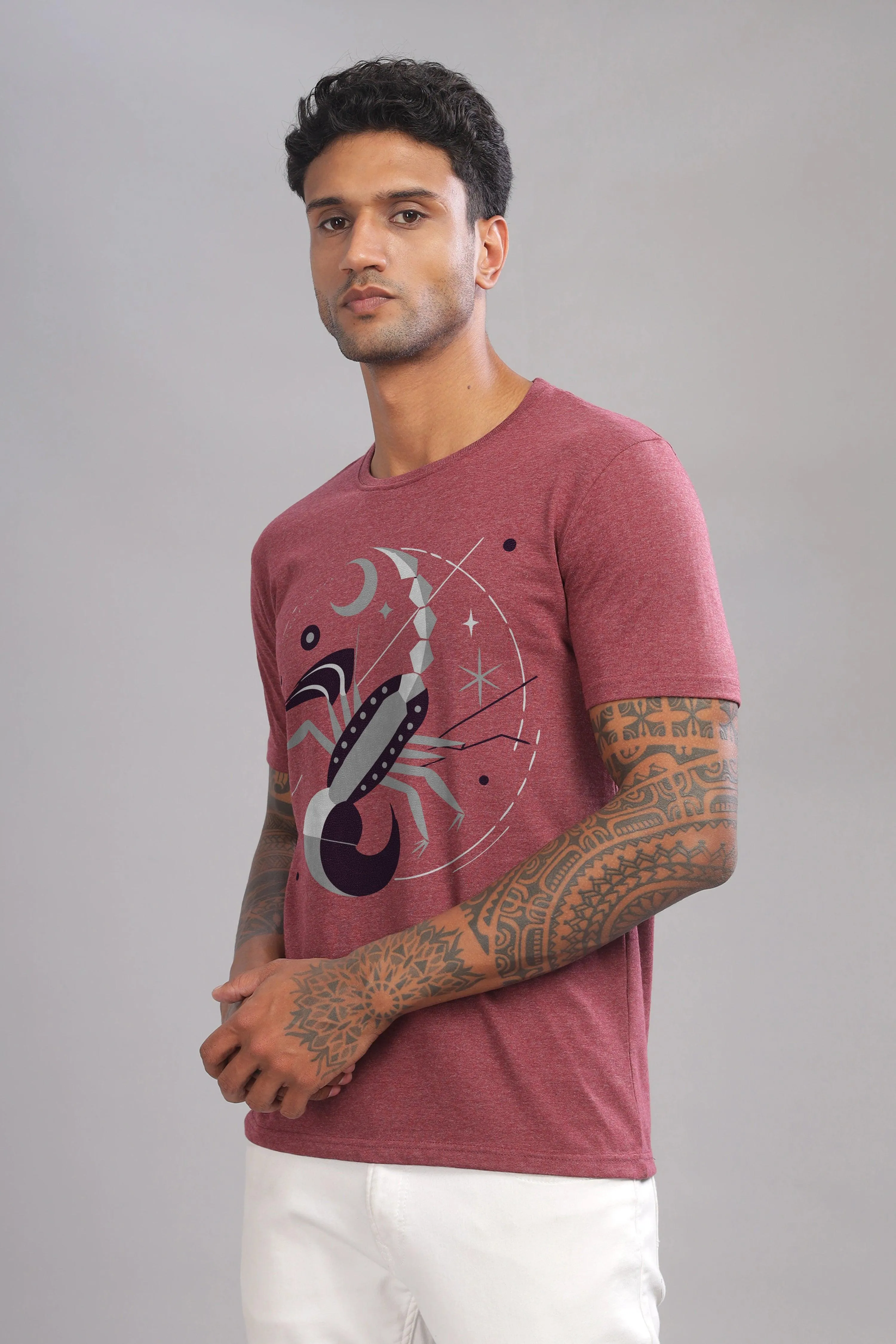 Stylish Scorpio Maroon Half Sleeve Printed Round Neck T-Shirt