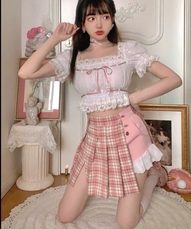 Summer Japanese Lolita Kawaii Blouse Women Lace Pink France Sweet Cute Blouse Female Puff Sleeve Korean Style Crop Tops  New