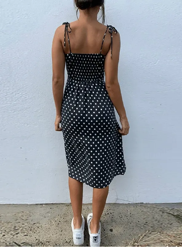 WOMEN CAUSAL POLKA DOT SLEEVELESS HIGH PLEATED DRESS