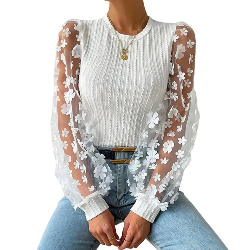 Women Shirt See-through Mesh Flower Long Sleeve Soft Blouse