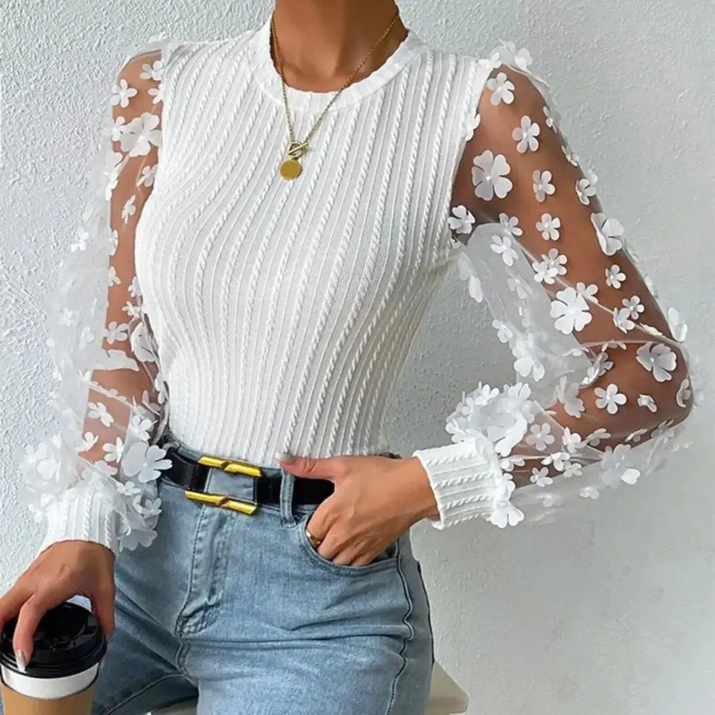 Women Shirt See-through Mesh Flower Long Sleeve Soft Blouse