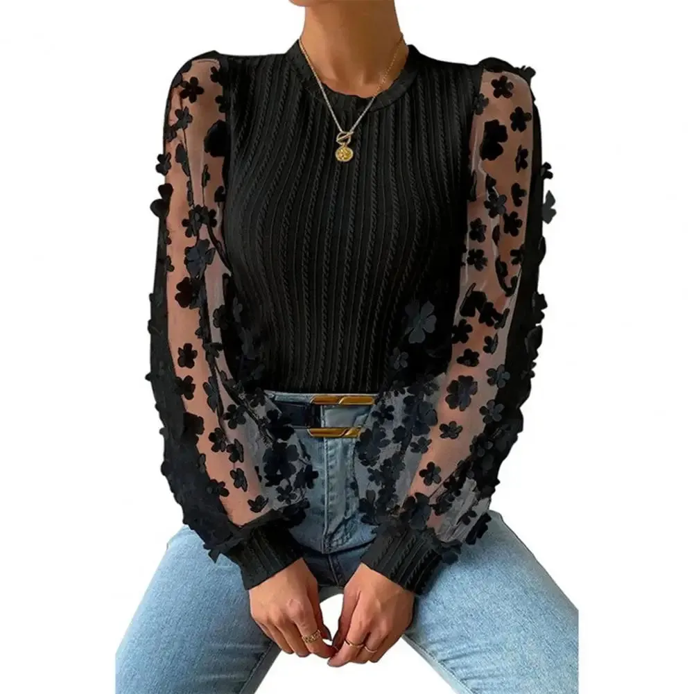 Women Shirt See-through Mesh Flower Long Sleeve Soft Blouse