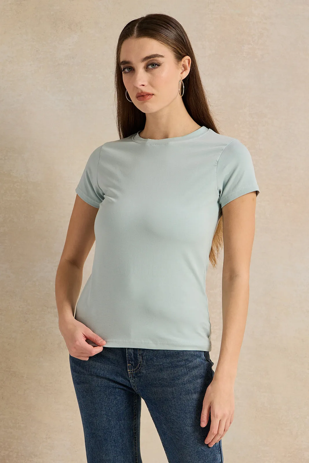 Women Teal Basic Crew Neck T-Shirt