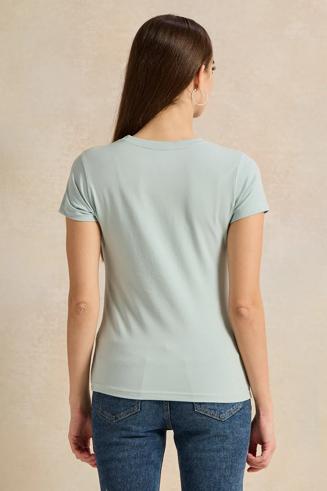 Women Teal Basic Crew Neck T-Shirt